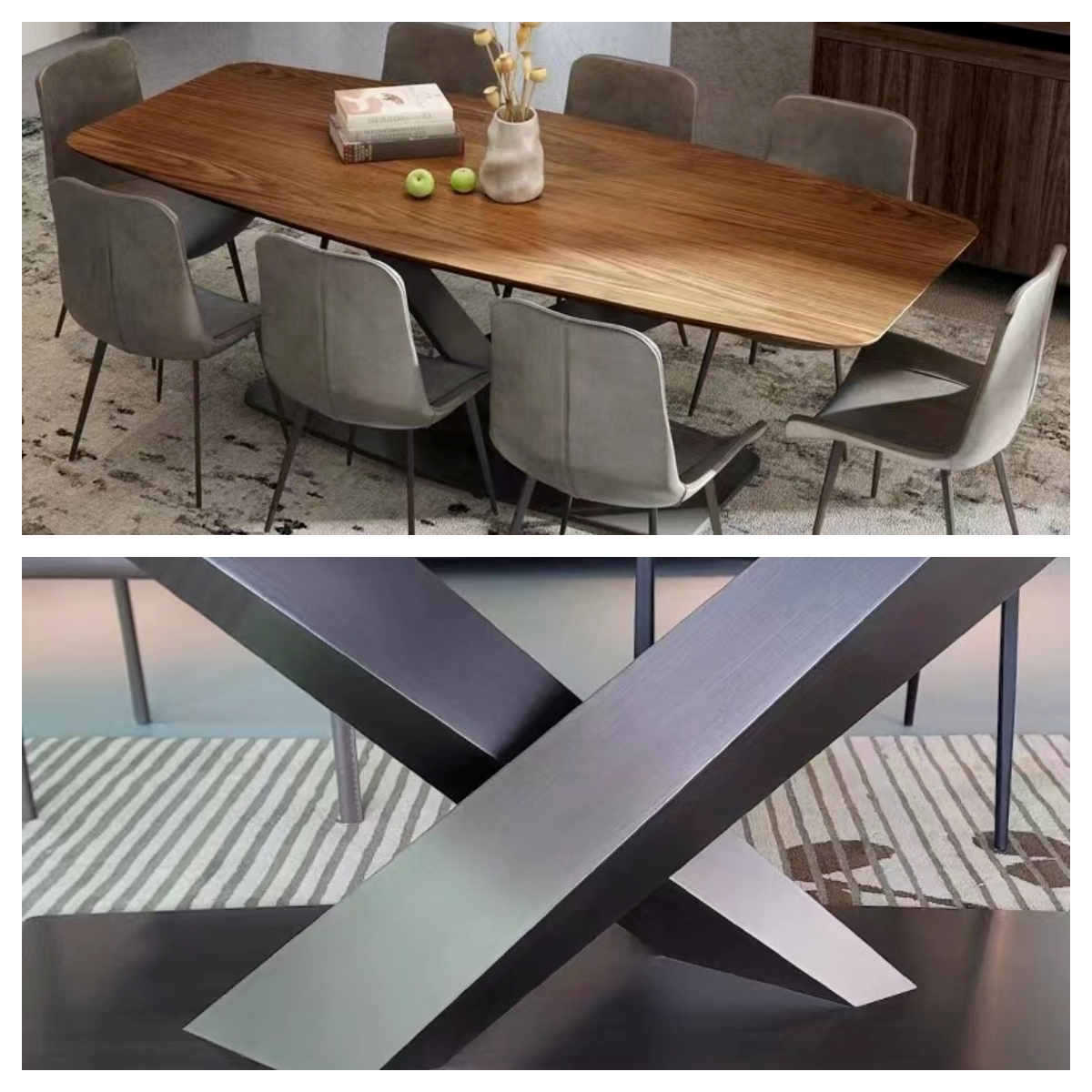 Luxury X Cross Industrial Solid Wood Dining Table With Metal Base Grain Pattern