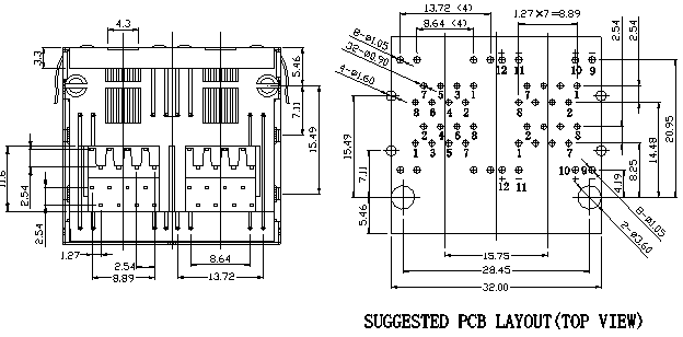 XRJD-S-22-8-8-1 Stacked RJ45 Modular Jack , 10/100 Base-T 2x2 Port 8p8c