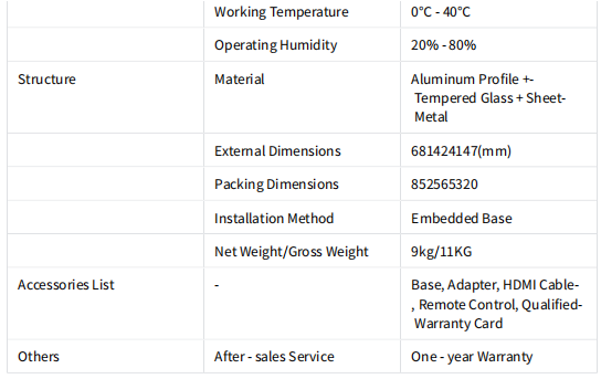 Additional technical specifications for OLED display