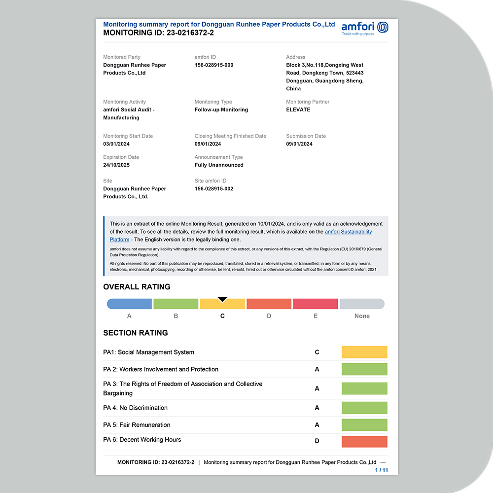 Dongguan Runhee paper products Co.,Ltd Certifications
