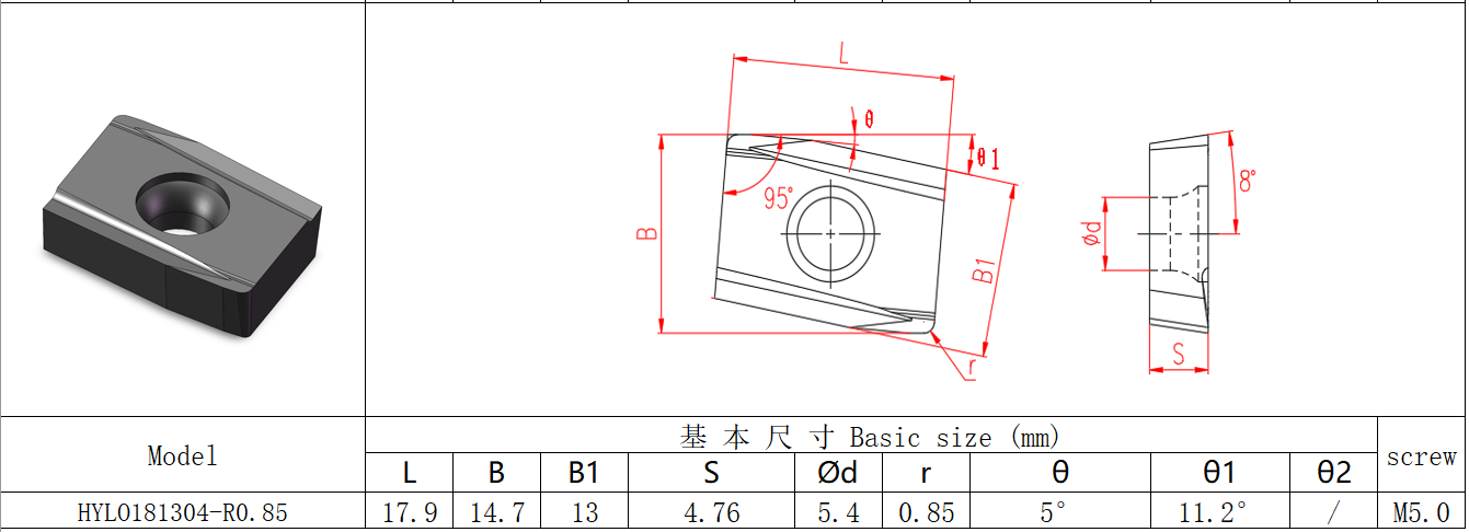 Floating Boring Tool Inserts Wc-Co PVD Coating HYL0181304-R0.85 HYB208 For Deep Hole Machining, Typically Processed On Heavy-duty Boring Mills In CNC
