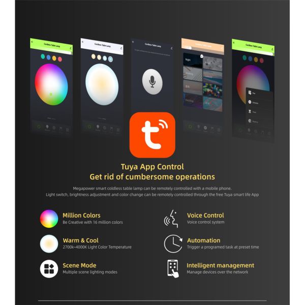 Phone Control Rechargeable Table Lamp, RGBW Portable Night Light for Living Rooms, Bedrooms and Office