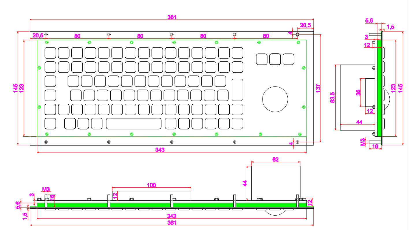 Black Industrial Customized Stainless Steel Keyboard With Trackball 86 Keys