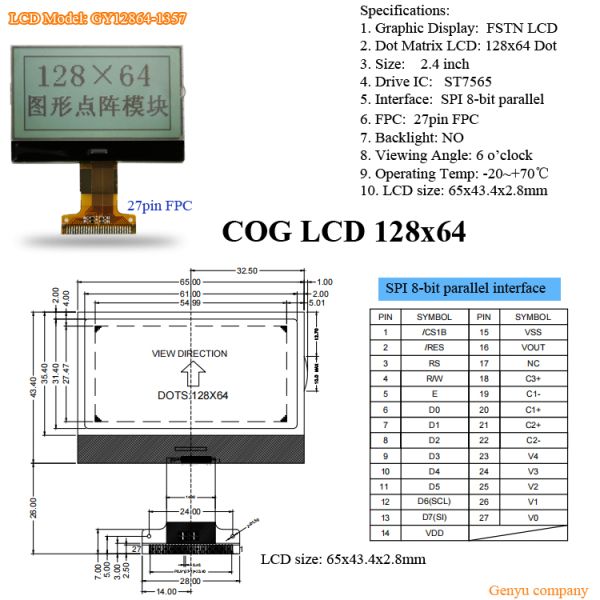 128x64 Fstn COG LCD Display Module I2c Spi St7567 26pin Screen Monochrome Display 12864 Mono LCD Graphic Display ST7567 or UC1701