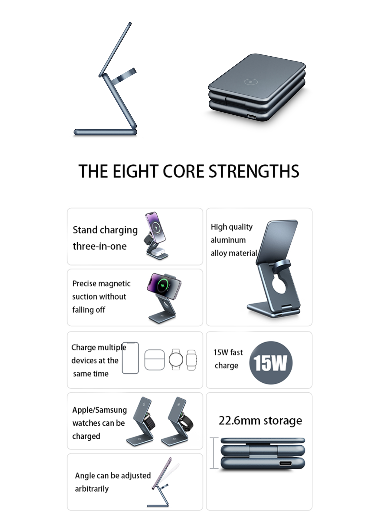 Foldable Magnetic Metal Wireless Charging Aluminum Alloy 3 In 1 Portable Magnetic Charger