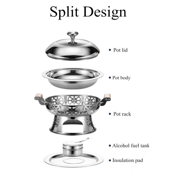 Round Handle Stainless Steel Chafing Dish Wooden Heat Resistant For Sliver Durable