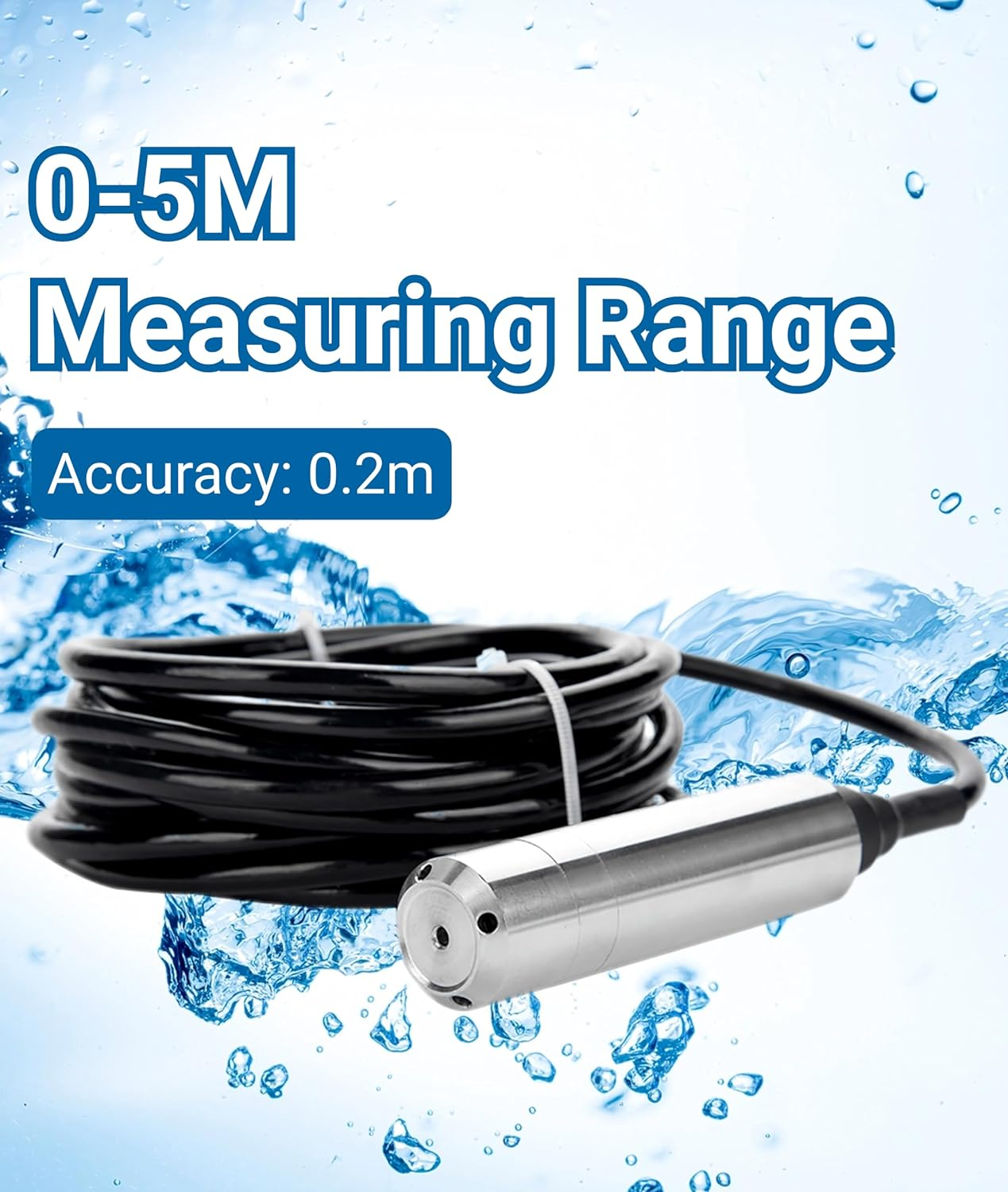 Submersible Level Sensor 4-20mA Throw-In Type Liquid Level Sensor 24V DC Input Liquid Level Transmitter,0-5M Measuring Range