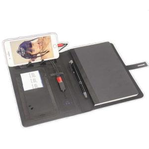 China Custom Pu Leather Led Logo Multifunctional High End Luxutr Hardback Wireless Charging Smart Notebook With Powerbank on sale