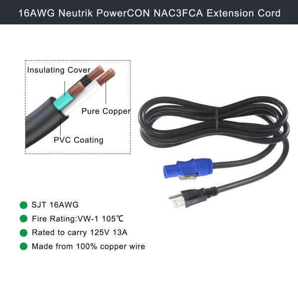 NEMA 5-15P to PowerCon NAC3FCA 14AWG SJTOW Power Cord 3M