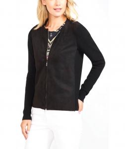 Quality Knitted Ladies Cardigan Sweaters , Faux Suede Front Black Cardigan Sweater for sale