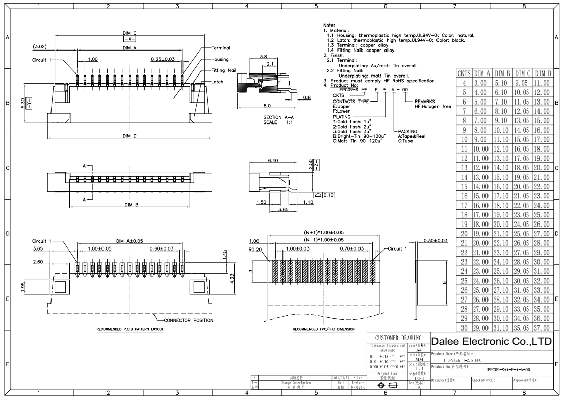 ZIF R/A Upper Type PCB Power Connector Phosphor Bronze Fitting Nail Material