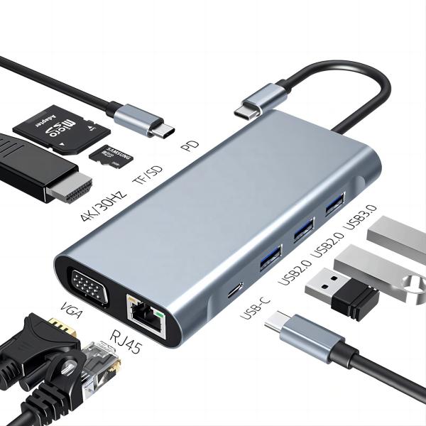 Buy USB C Type C 10 In 1 Docking Station with 4K HDTV VGA Lan RJ45 USB3.0 Card Reader PD at wholesale prices