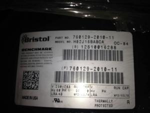 Quality Bristol piston Hermetic Refrigeration compressor H2BG124DBEE 220V 60Hz imported from USA R410A for sale
