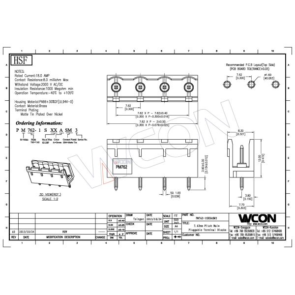 7.62 Pitch 1*4P Male Pluggable Terminal Block Connector / Panel Mount Terminal Block