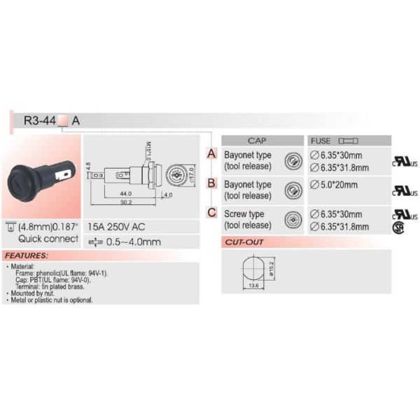 R3-44 Black Panel Mount 6x30mm Fuse Socket Glass Tube Fuse Holder