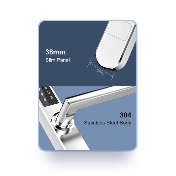 WiFi APP Access Bluetooth Door Lock Thumbprint Door Lock 38mm Width Slim Panel Silver Color