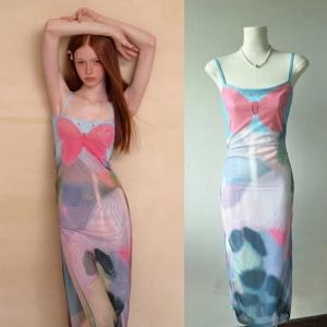 Quality Pink Blue Butterfly Halter Dress French Slit Slim Sexy Dress  Waist Slimming for sale