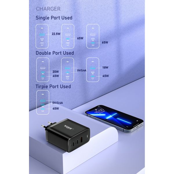 Fireproof PC 65w GaN Charger 3 Port Output For Mobile Phone / Tablet