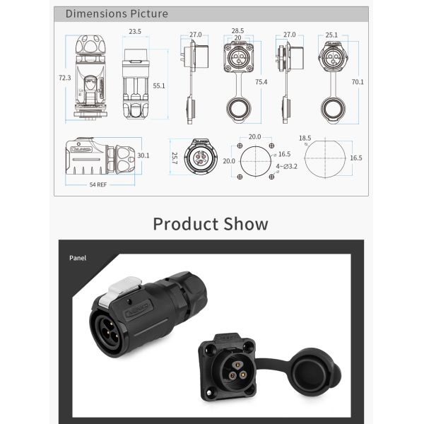 Ce Approved IP68 Waterproof 3 Pin Round Power Wire Connector LP16