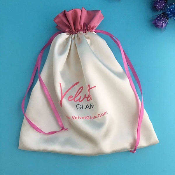 Customized Small White Satin Drawstring Bag For Makeup Bag Printed Logo