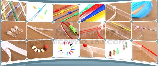 String zipper, PP Flanged zipper, PP Slider zipper; PVC String zipper, PVC