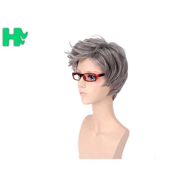 14 Inch Men Hair Wig Black Mixed Grey Kanekalon Fiber Professional