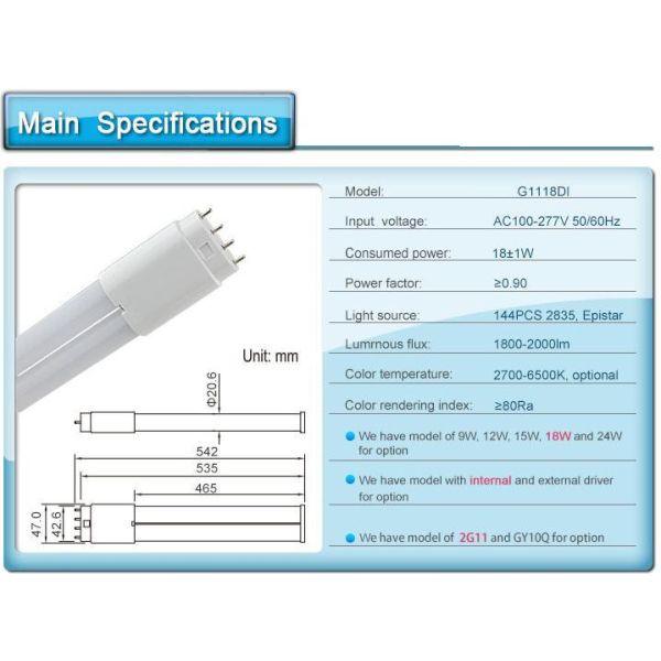 2G11 led tube light 12W 2G11 PLL lamp 2G11 led lamp 410mm wirh smd 2835 led AC85-265V 3 years warranty