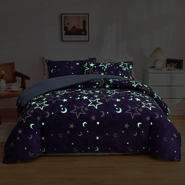 White Floral Bedding Sets for Kids Boys Girls Twin 2 PCs Glow in The Dark Duvet Cover