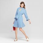 2018 New Design Ladies Long Blouson Sleeve Blue and White Gingham Dress with