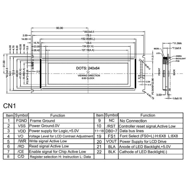 5.1 Inch Graphic Dot Matrix LCD Screen 22pin Parallel Port Interface Resolution 240*64 Brightness 350 Driver IC RA6963 With PCB Board