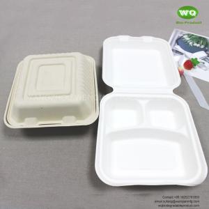 Quality 8/10 Inch Compostable Natural-Pulp 3-Compartments Lunch Bento Box Biodegradable Sugarcane Baggasse Food Container for sale