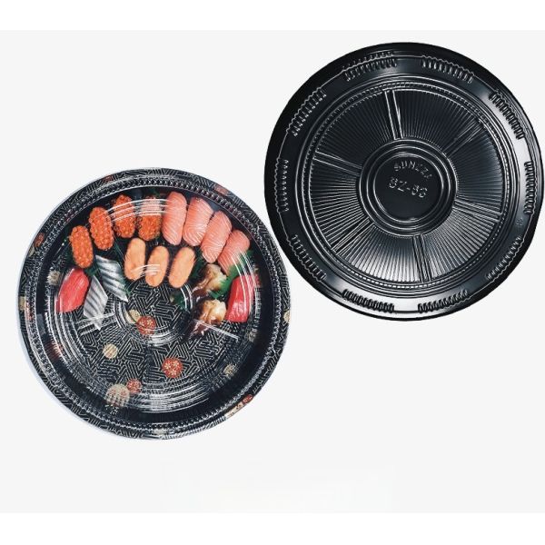 Wholesale Black Plastic Plastic Fruit Dim Sum Disposable Big Round Sushi Sashimi Platter Take Away Packing Box With Cover