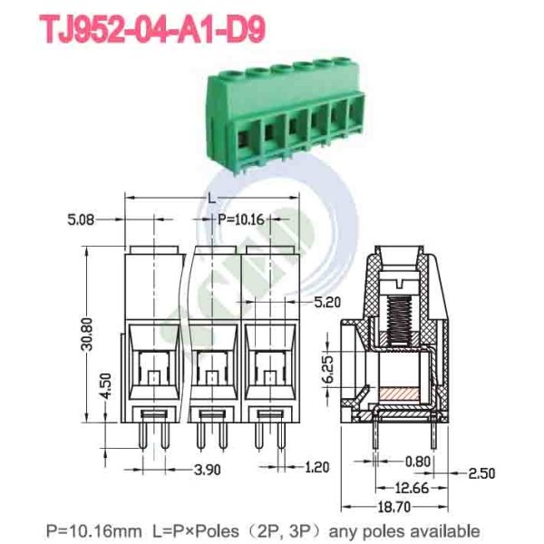 10.16mm 57A PCB Terminal Block Green Brass PA66 Nickel Plated