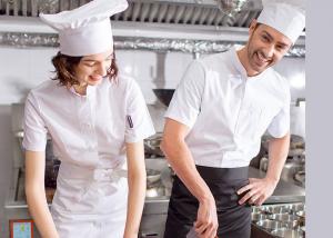 China Single Breasted Custom Work Shirts , White Short Sleeve Embroidered Chef Coats on sale