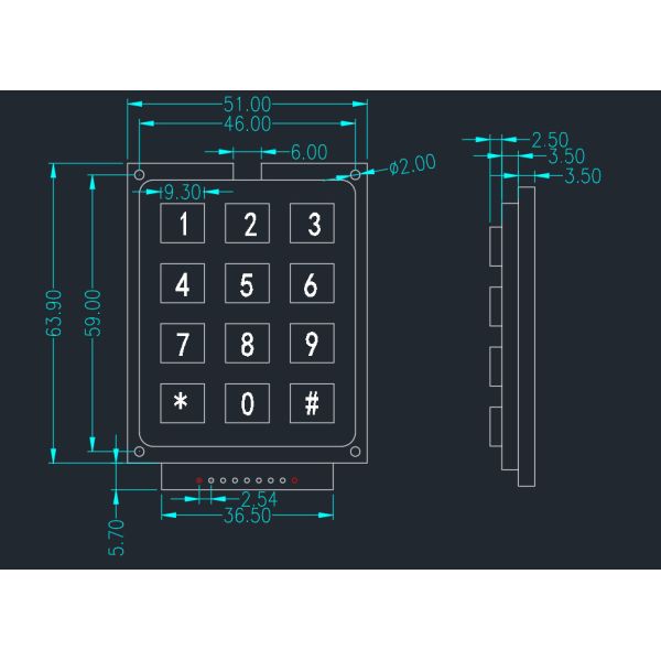 12 Key ABS Plastic Pin Code Keypad 3 * 4 Matrix 4 Core Aviation Connector