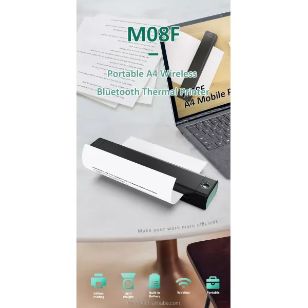 M08F Portable A4 Size Mini Wireless Thermal Printer Mobile Printer With Blue Tooth