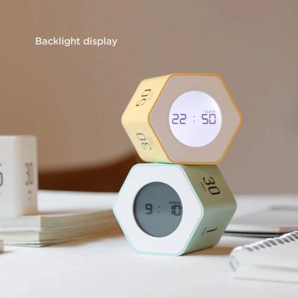 Hexagonal Yellow Digital Clock Timer Backlit 12 / 24 Hour Mode Rotating