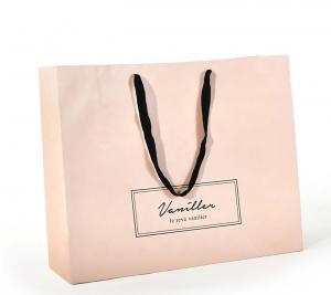 China Flat Cotton Handle Custom Design Paper Bags , Printed Paper Shopping Bags Pink Color on sale