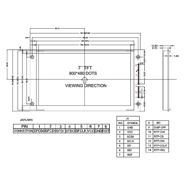 7 Inch UART LCD Display 800X480 Industrial Display Module Portable WIth SPI Interface