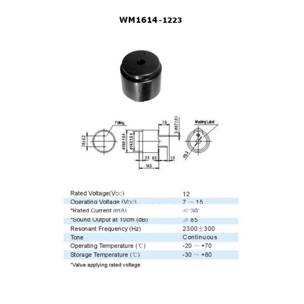 High Temperature Resistant Electromagnetic Buzzer 12V Without Circuit 16 x 14 mm