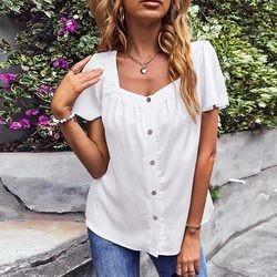 China                  2023 Summer Manufacturer Wholesale Square Neck Solid Color Shirt White Women Chiffon High-Quality Shirt              on sale
